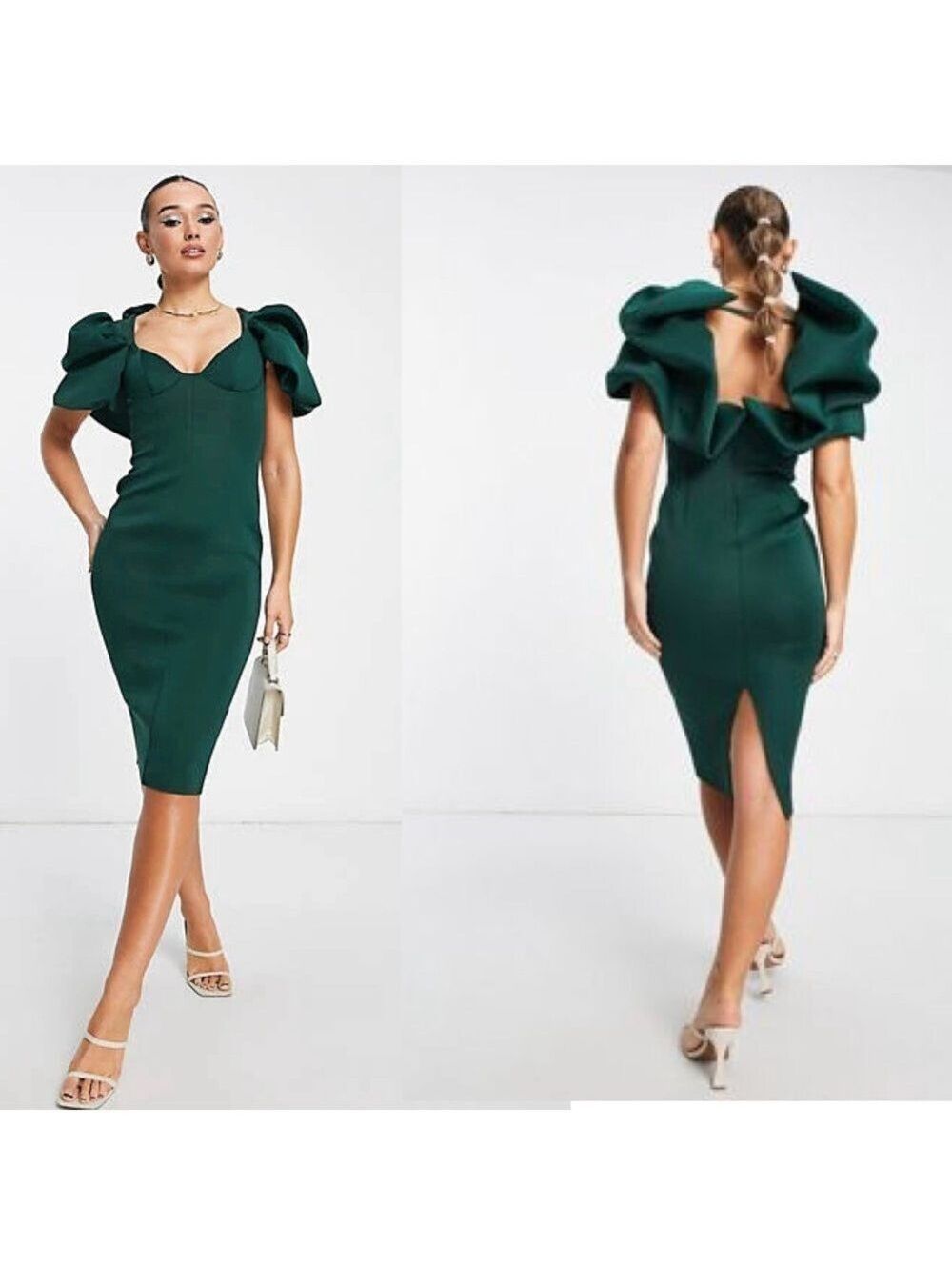 ASOS Design dark green puff balloon sleeve scuba V-neck bodycon cocktail dress 6